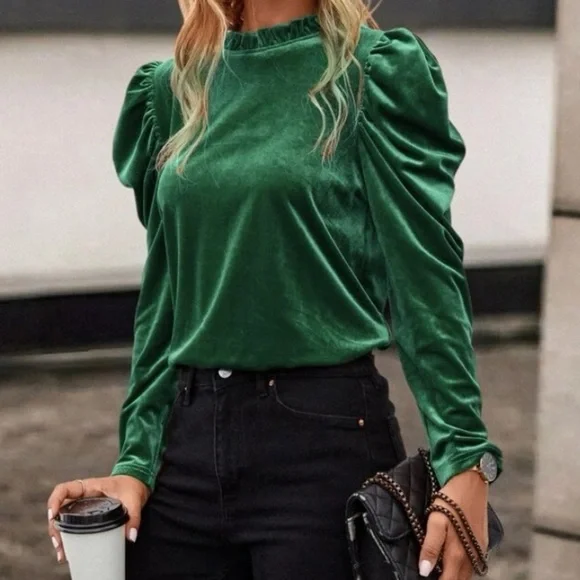 Green velvet frill neck top - Picture 2 of 7